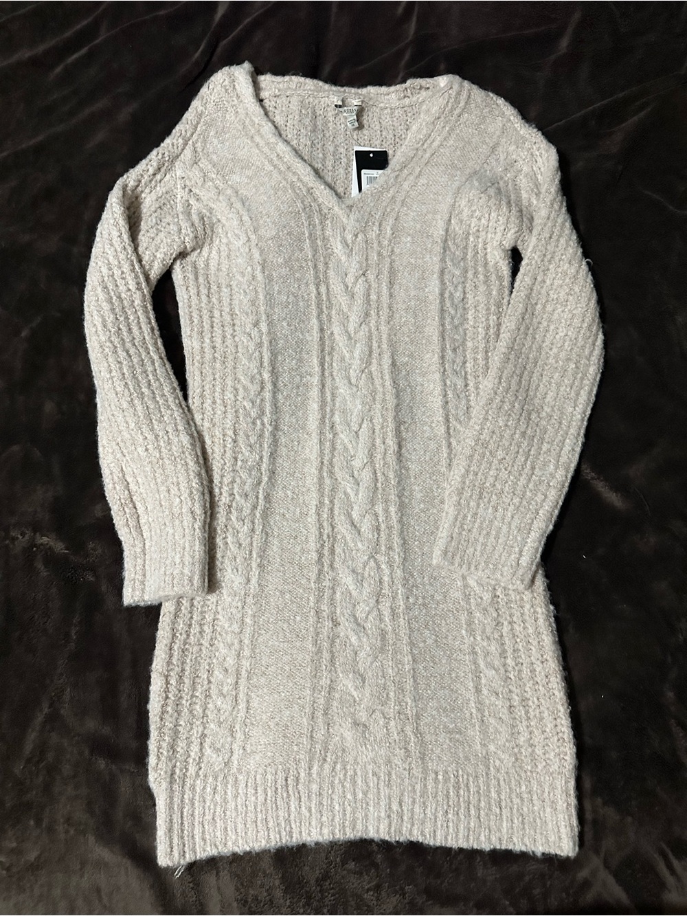 Guess Cream Cable-Knit V-Neck Sweater Dress